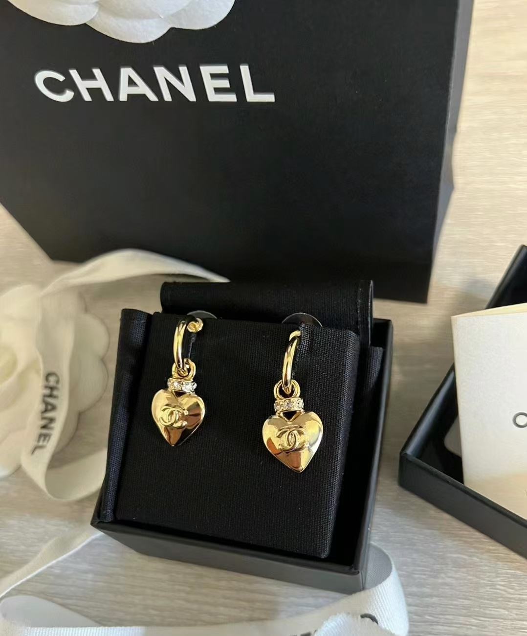 Chanel Gold Hoop with Heart Dangle Earrings - Original Replica Club