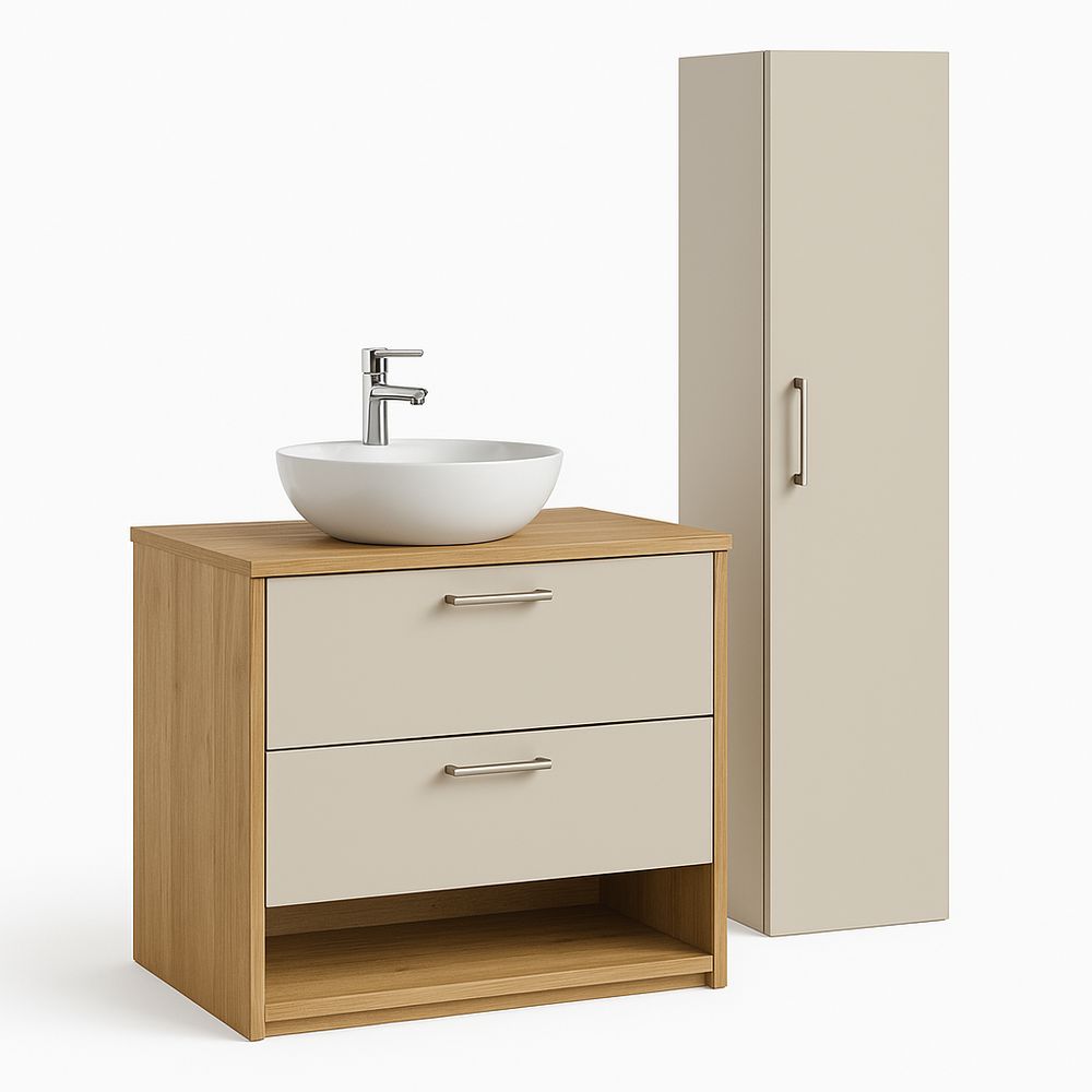 Mueble de baño moderno con lavabo de cerámica, armario alto y almacenamiento, estructura de madera, acabado en tonos beige y madera clara