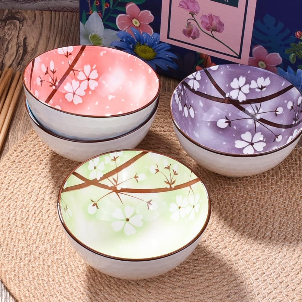4-Piece Ceramic Rice Bowl Set with Chopsticks – 4.5