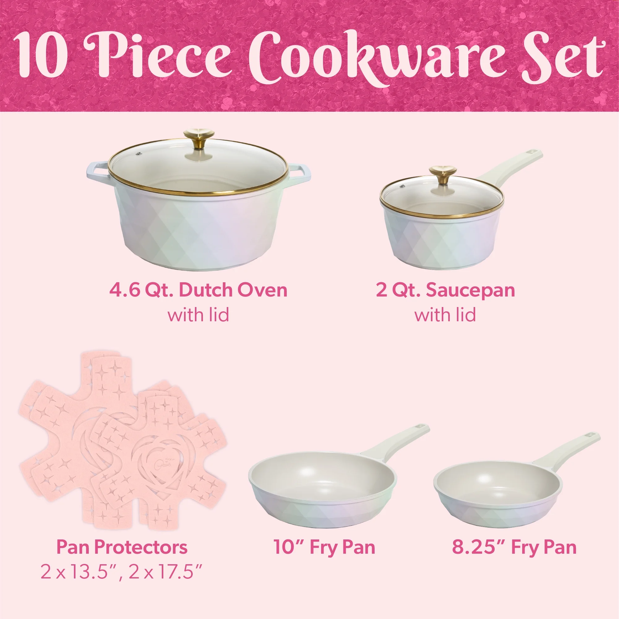 Paris Hilton 10-Piece Ceramic Nonstick Cast Aluminum Cookware Set, Clean Ceramic? Coating, Faceted Pink Design - Image 12