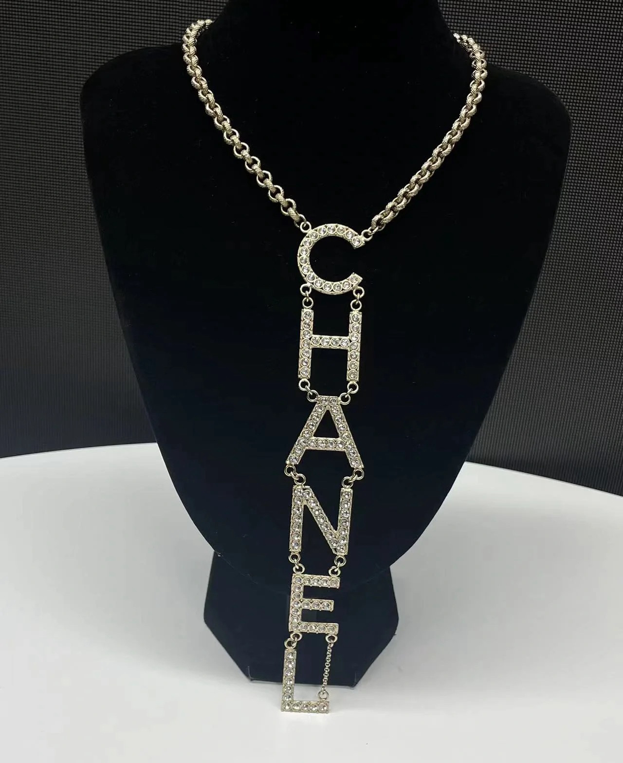 Chanel Light Gold Monogram Logo Drop Pendant Necklace - Original Replica Club