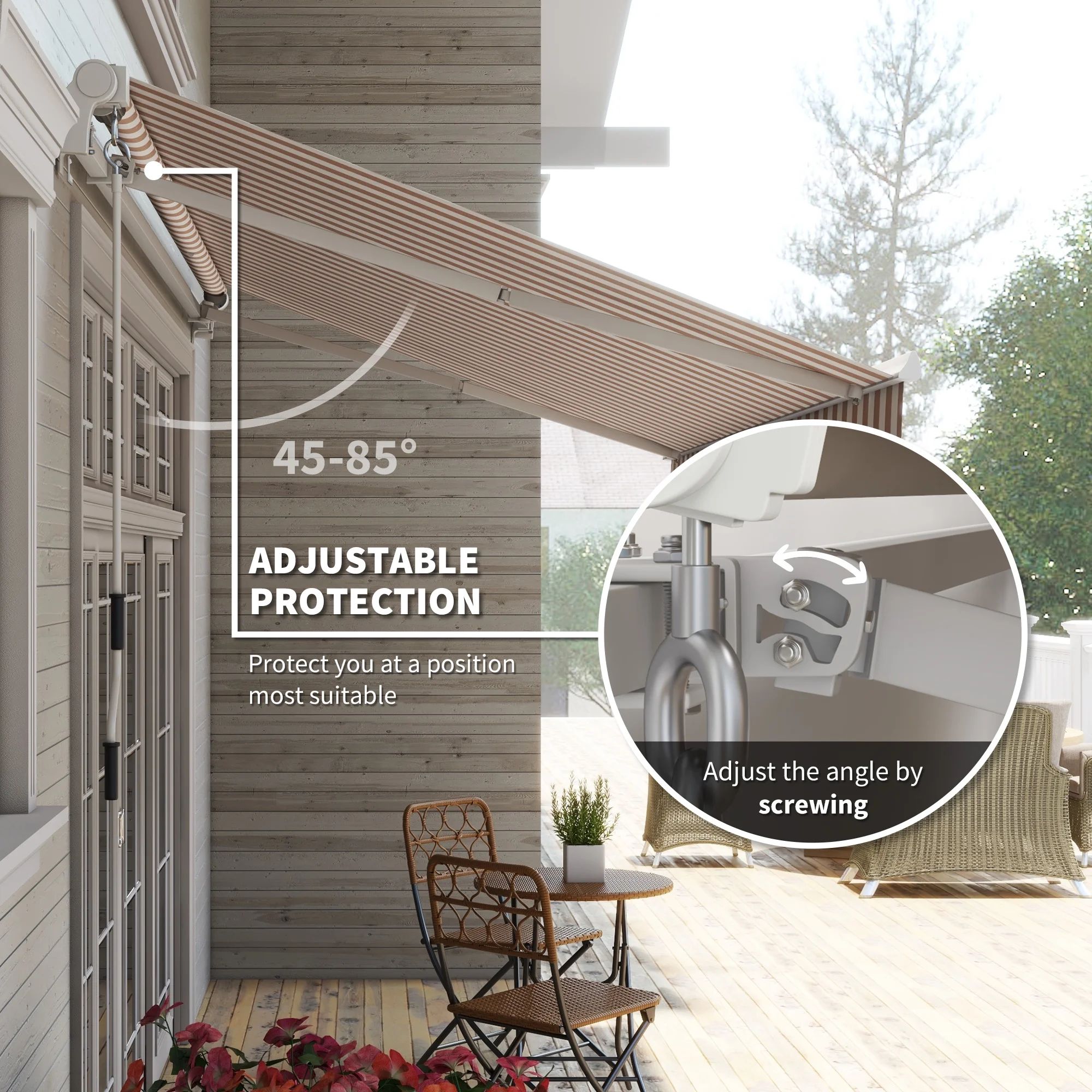 Outsunny 12' x 10' Manual Retractable Awning Outdoor Sunshade Shelter for Patio, Balcony, Yard, with Adjustable & Versatile Design, Beige and White - Image 4