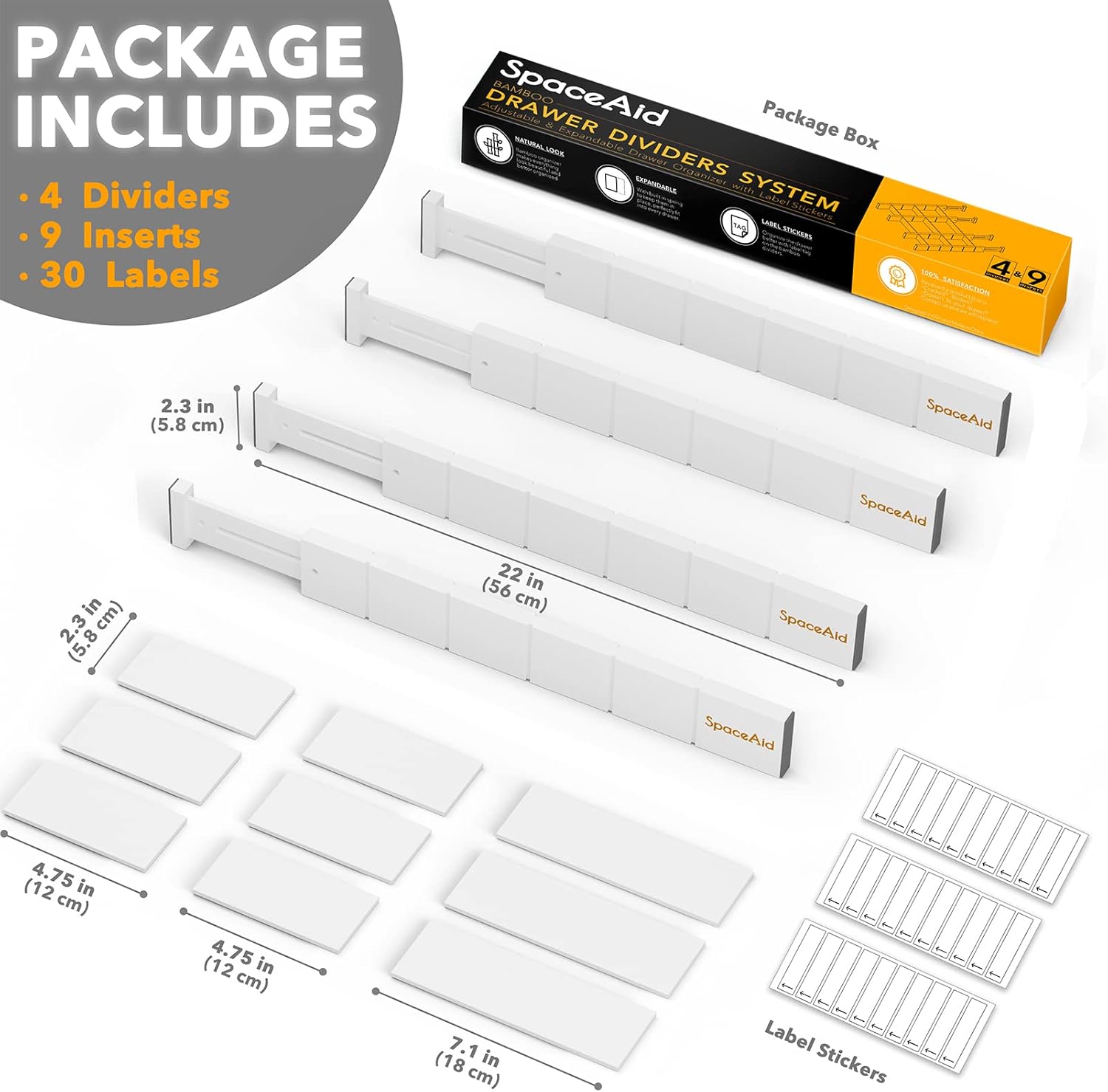SpaceAid Bamboo Drawer Dividers with Inserts and Labels, Kitchen Adjustable Drawer Organizers, Expandable Organization for Home, Office, Dressers, 4 Dividers with 9 Inserts (17