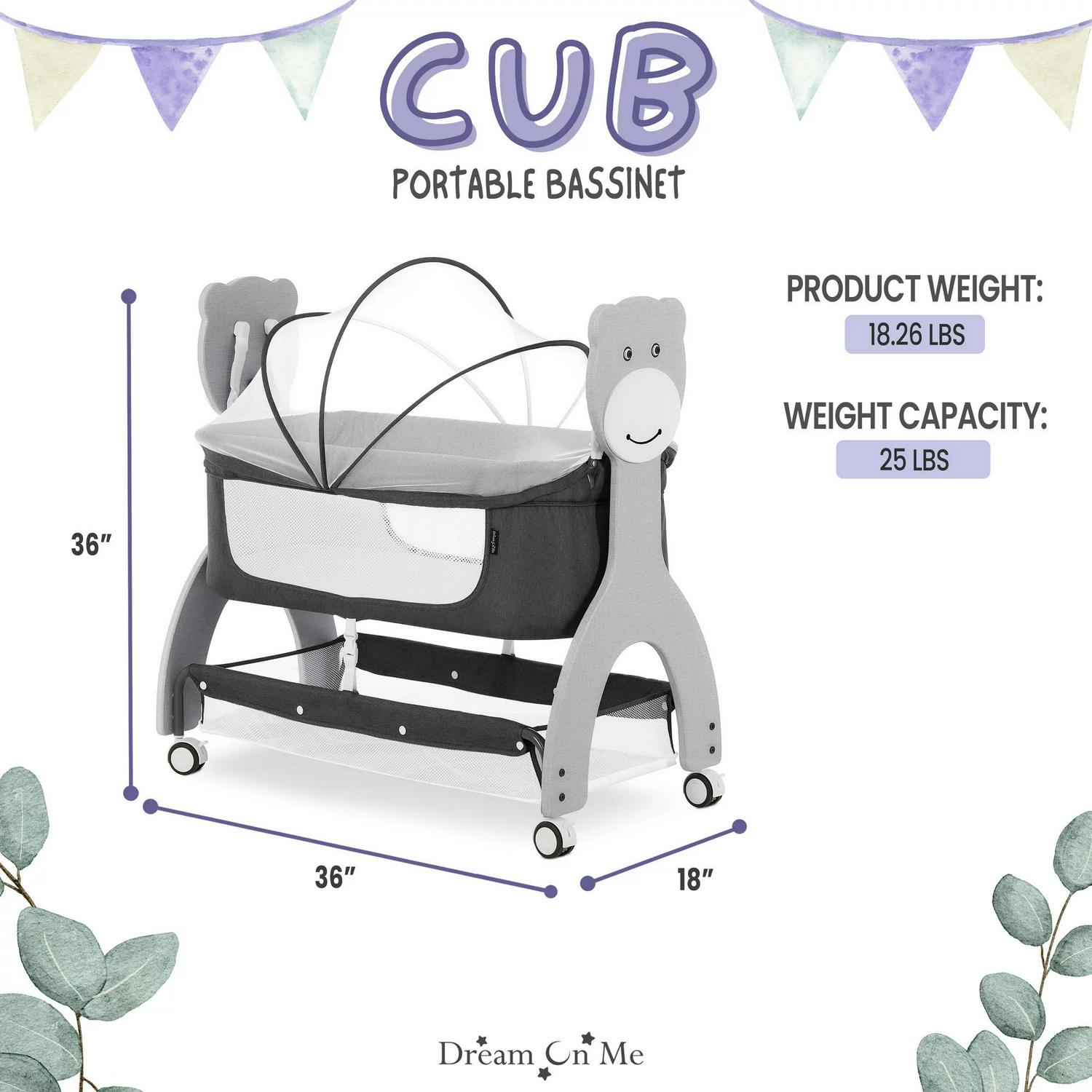Dream on Me Cub Portable Bassinet in Dark Grey. Multi-Use Baby Bassinet with Locking Wheels - Image 2