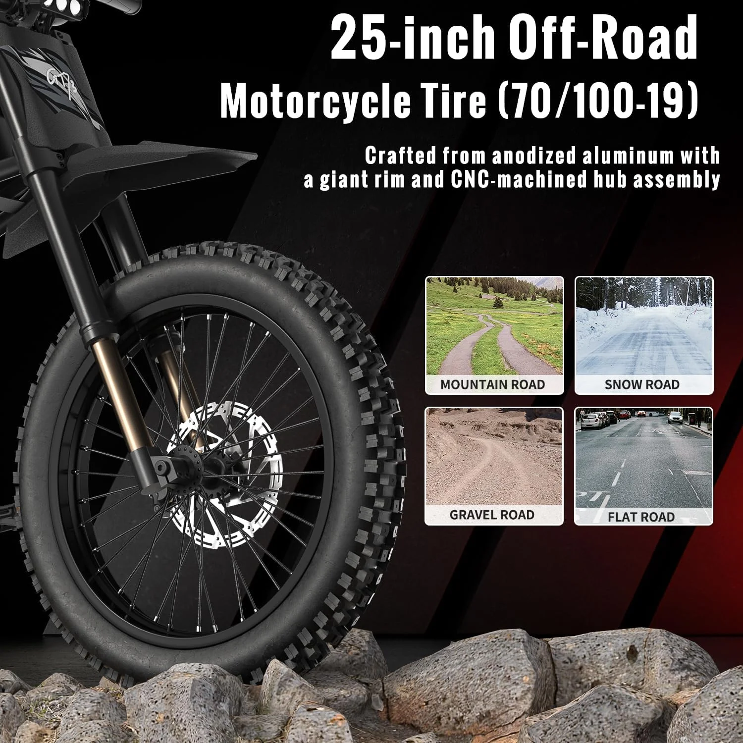 Riding'Times 2400W 48V Electric Dirt Bike for Adults Ridingtimes GT73,brushless Hub Motor,18.2AH*2 Electric BIKE with 25" tires digital screen Carbon Steel,BLACK - Image 6