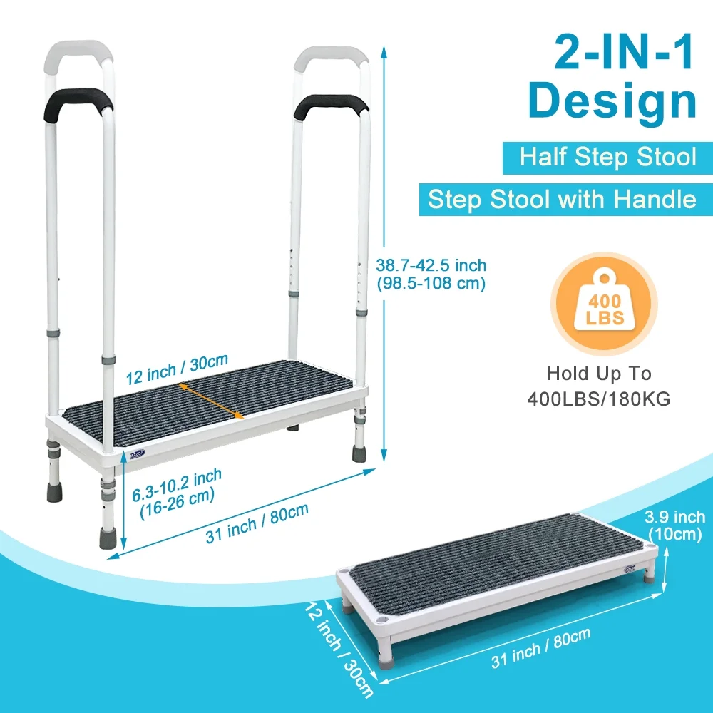 Step Stool with Handle for Elderly Medical Step Stools Seniors Handicap High Beds Mobility Platform Steel Foot Steps With Handrails Ramp Assist for Car, Bedside, Shower, Bathtub - Image 3