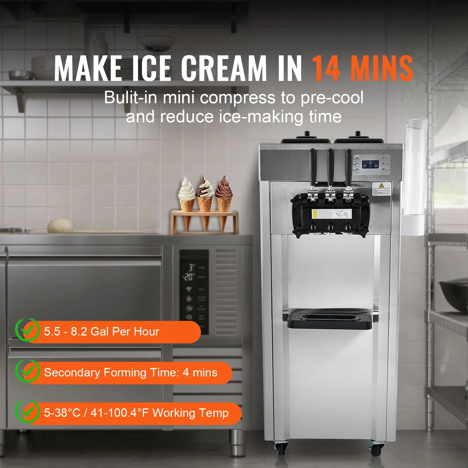 KFFKFF Commercial Soft Ice Cream Machine 21-31 L/H Output 3-Flavor LED Display Auto Clean 4.3L/1.1GAL Hopper ,1.7L/0.45gal Cylinder - Image 3