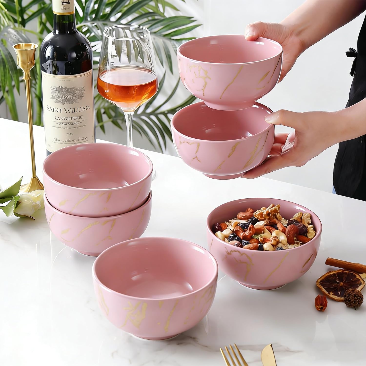 6-Piece Pink and Gold Marble Ceramic Bowls, 20 oz – Bohemian Soup & Cereal Bowl Set, Dishwasher & Microwave Safe, for Ramen, Pasta, Salad, Dessert