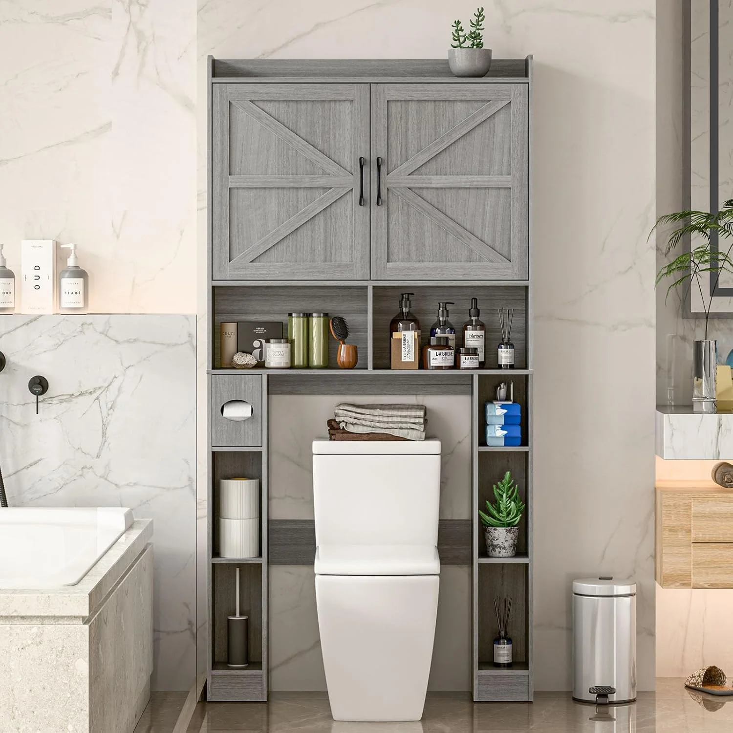 Vabches Over The Toilet Storage Cabinet with Toilet Paper Holder Stand, Above Toilet with Adjustable Shelf & 2 Doors - Image 13