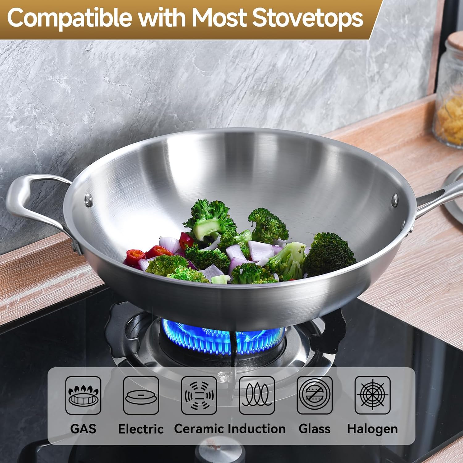 LOLYKITCH 13 Inch Stainless Steel Wok with Glass Lid, Tri-Ply Stir Fry Pan with Detachable Handle, Uncoated Cooking Wok for Induction & Glass, Flat Bottom, SGS Certified Cookware