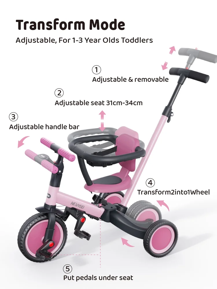 newyoo TR008 5-in-1 Toddler Tricycle with Push Handle, Converts to Balance Bike for 1-3 Year Old, Khaki - Image 16
