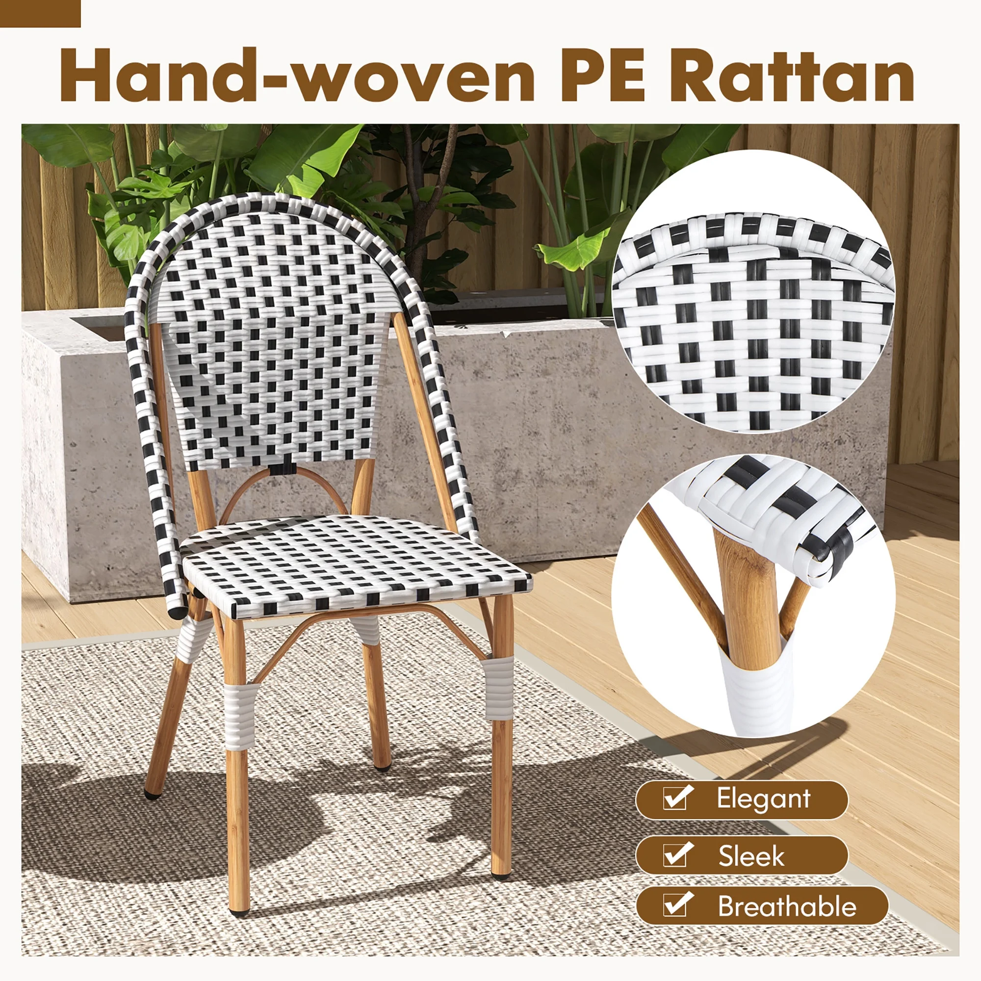 Gymax French Bistro Chair Set of 4 w/ Hand-woven Rattan Galvanized Metal Frame Outdoor - Image 6
