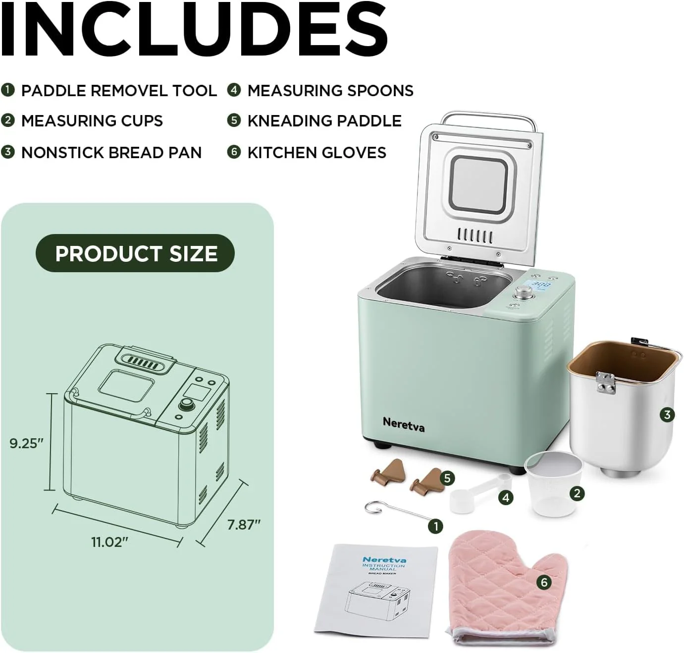 Neretva Bread Maker, 20-IN-1 2LB Bread Machine Dual Heater Bread Maker Machine Automatic with Nonstick Ceramic Pan, 15H Timer & 1H Keep Warm Set, Low Noise, Stainless Steel Breadmaker Recipe-Green