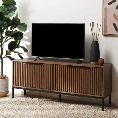 Mid Century TV Stand with Tambour Doors and Storage Drawers