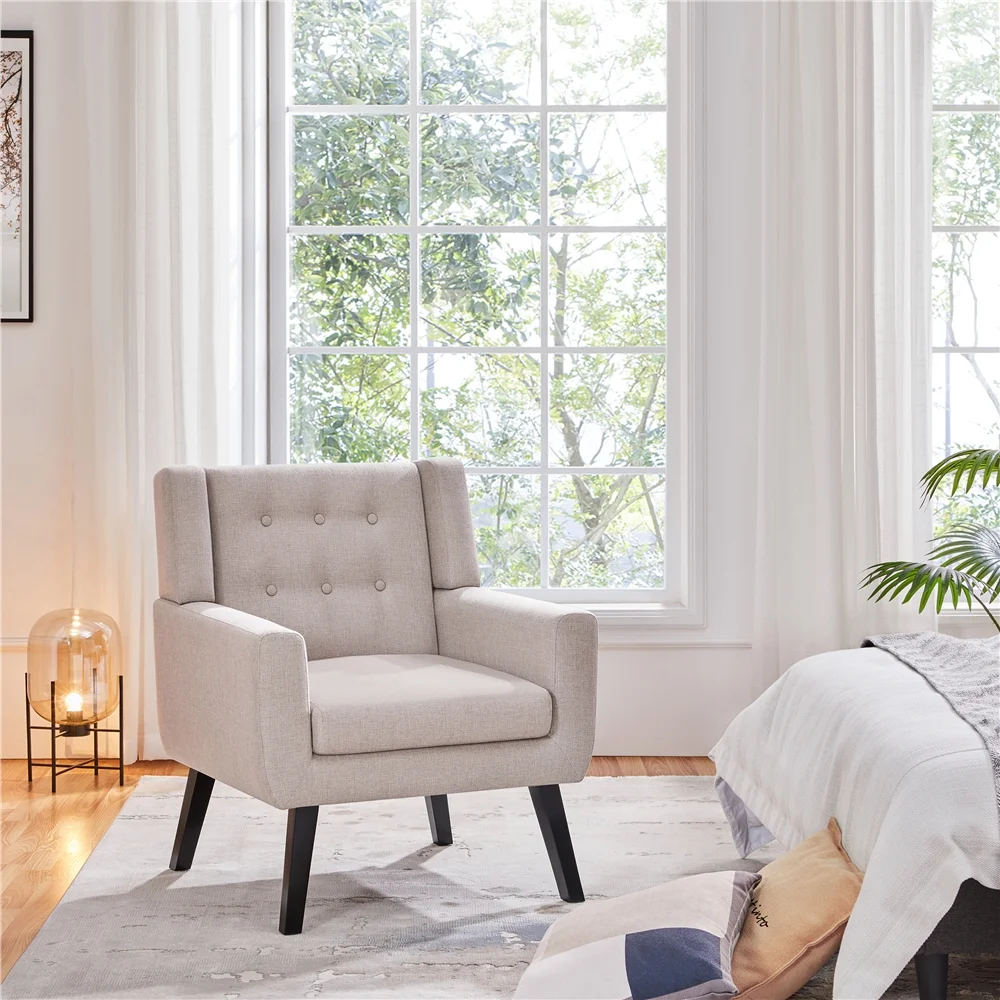Topeakmart 2PCS Modern Upholstered Accent Armchair with Solid Wood Legs for Living Room, Beige - Image 7