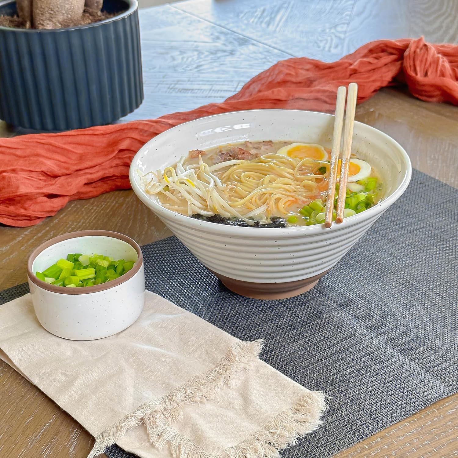 MORA Ceramic Ramen Bowl Set of 2, 45oz - Great for Pho, Miso Udon Soup, Instant Noodles, Serving, Thai or Asian Food - Microwave Safe Large Japanese Noodle Bowls, Modern Kitchen - Vanilla White