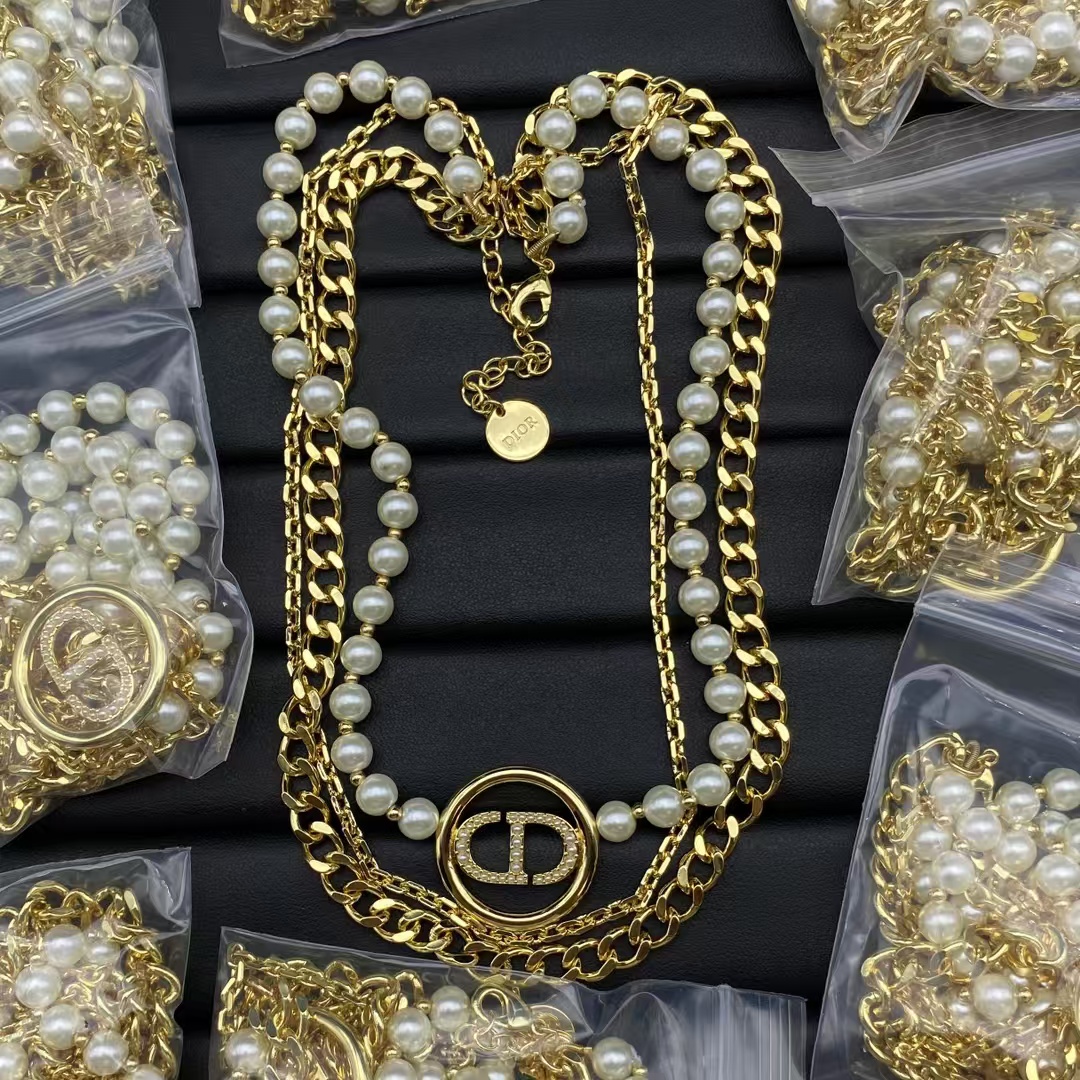 Dior Three Layer Pearl and Cuban Chain Stacked Necklace - Original Replica Club