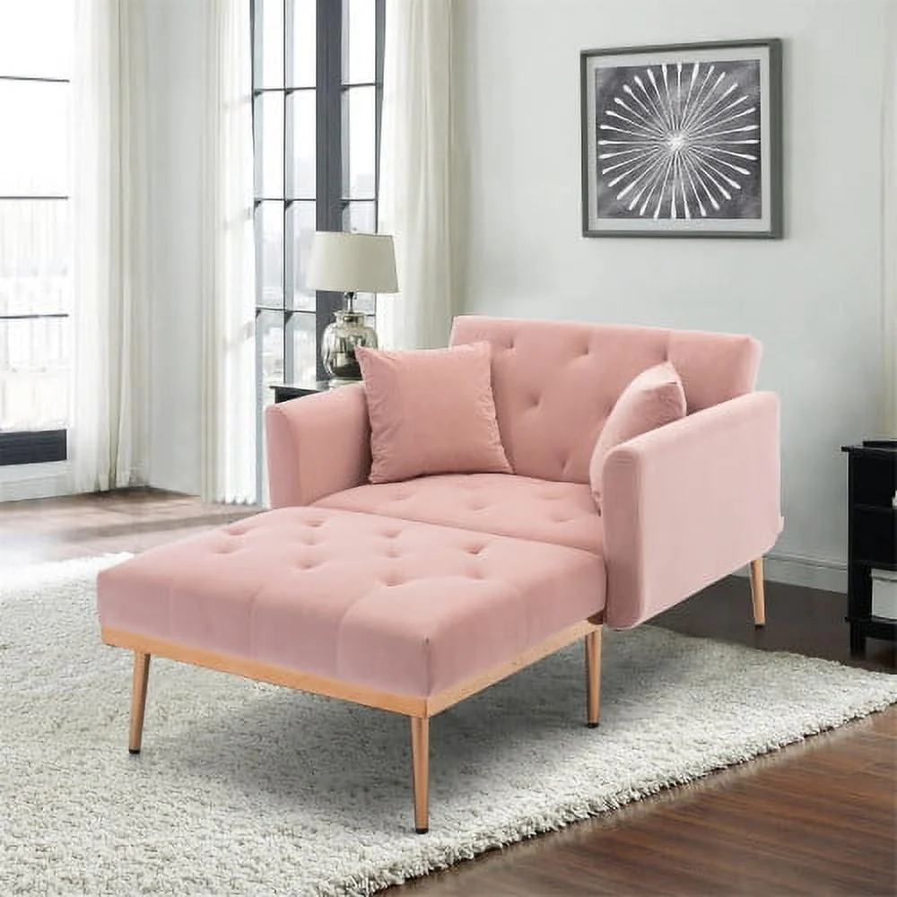 Velvet 2 in 1 Chaise Lounge Indoor Sleeper Chair, Convertible Chairs into Beds with 2 Pillows, Comfy Tufted Sleeper Chair for Bedroom, Living Room, Pink - Image 2