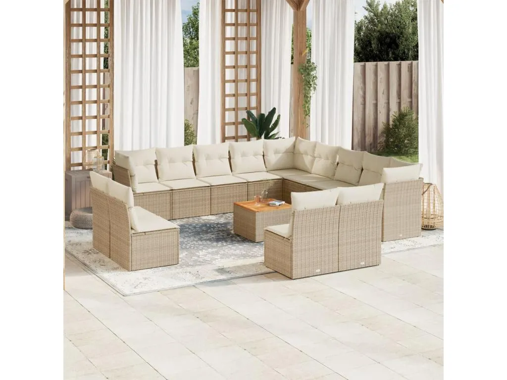 Set sofás de jardín 14 piezas con cojines ratán sintético beige
