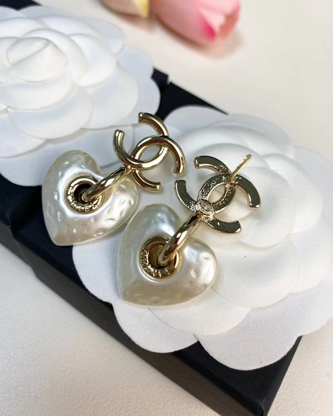Chanel White Love Heart Double C Earrings - Original Replica Club