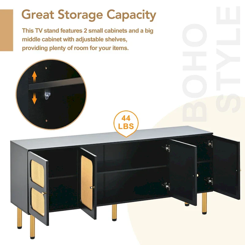 Bohemian Country Wood and Rattan TV Stand Media Console Storage Cabinet - Dimensions: 16.9" x 64.9" x 28.3"