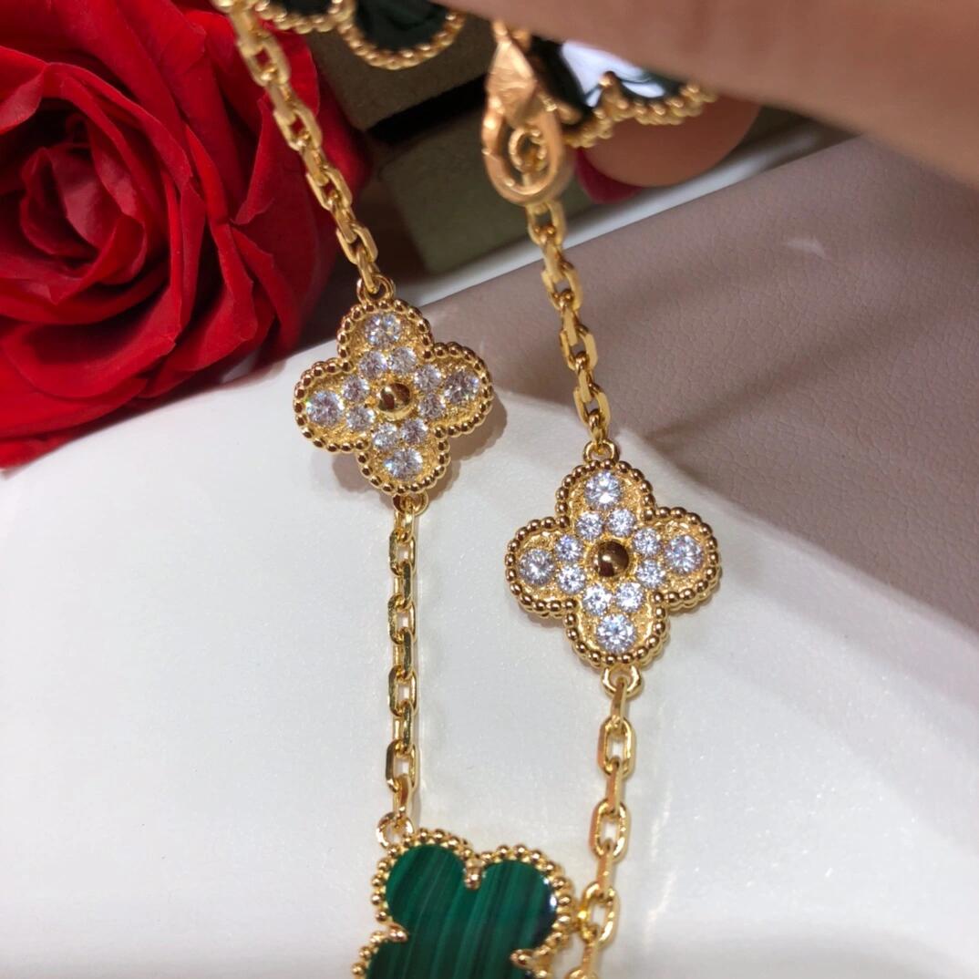 VCA Diamond and Malachite Vintage Alhambra Bracelet in Gol-tone, 5 Motifs - Original Replica Club