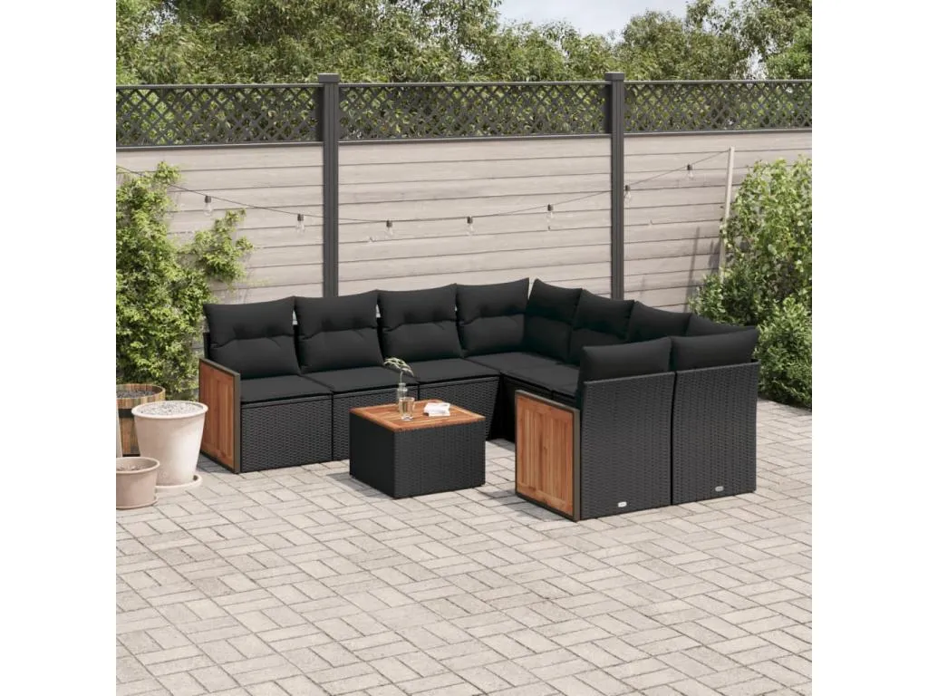 Set de sofás de jardín 8 piezas y cojines ratán sintético negro YGEW91845
