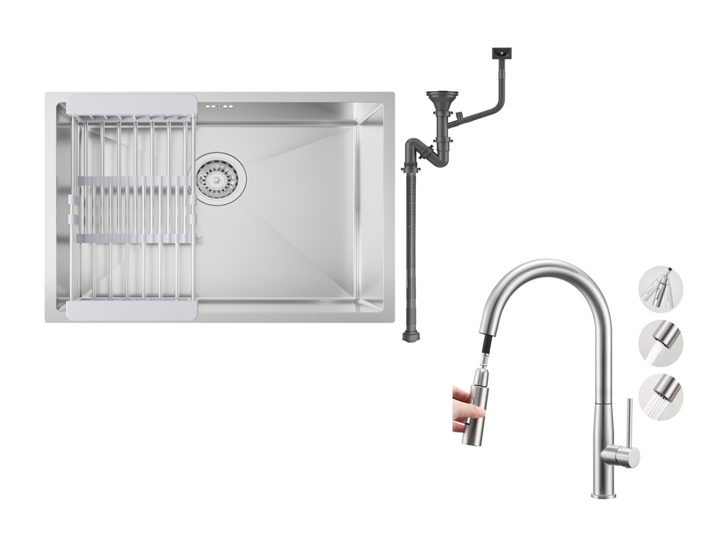 Fregadero Cocina 1 Bandeja 60*44*20CM,inoxidable, empotrado/subplano con Cesta drenaje,Plata+Grifo Cocina con Ducha Extraíble,2 Modos Jets,Cepillado
