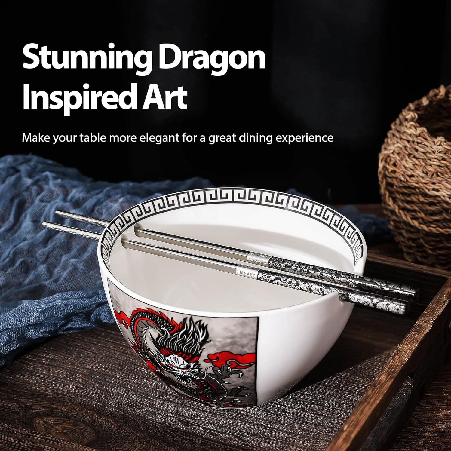 Hagary Dragon Ceramic Bowls Japanese Korean Soup Bowl Pasta Salad Dessert Serving Bowls Housewarming Wedding Gifts Designed in Korea (With Chopsticks) (Black, 20 oz - 1pc)