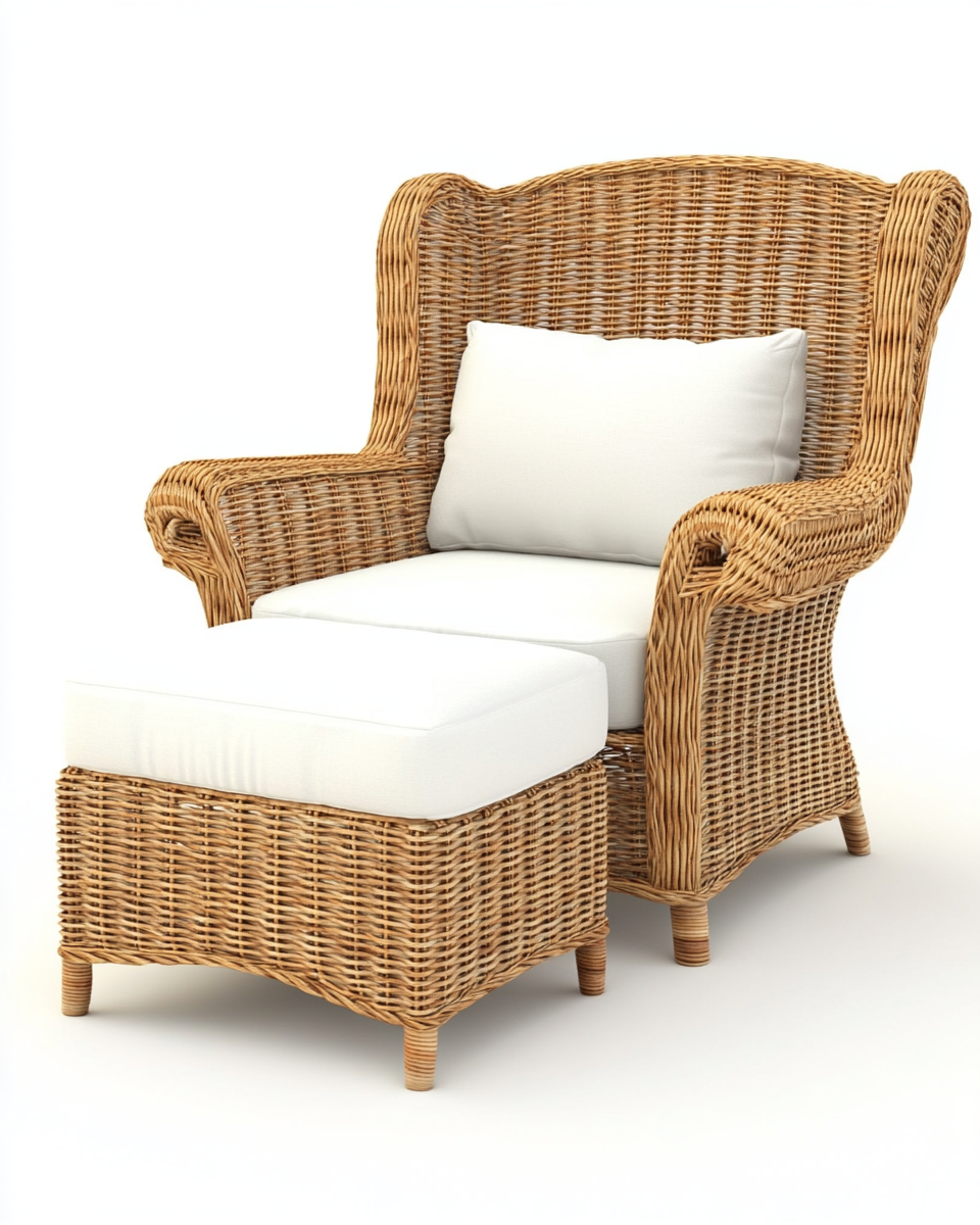 Sillón de Ratan con Otomana y Cojines Blancos
