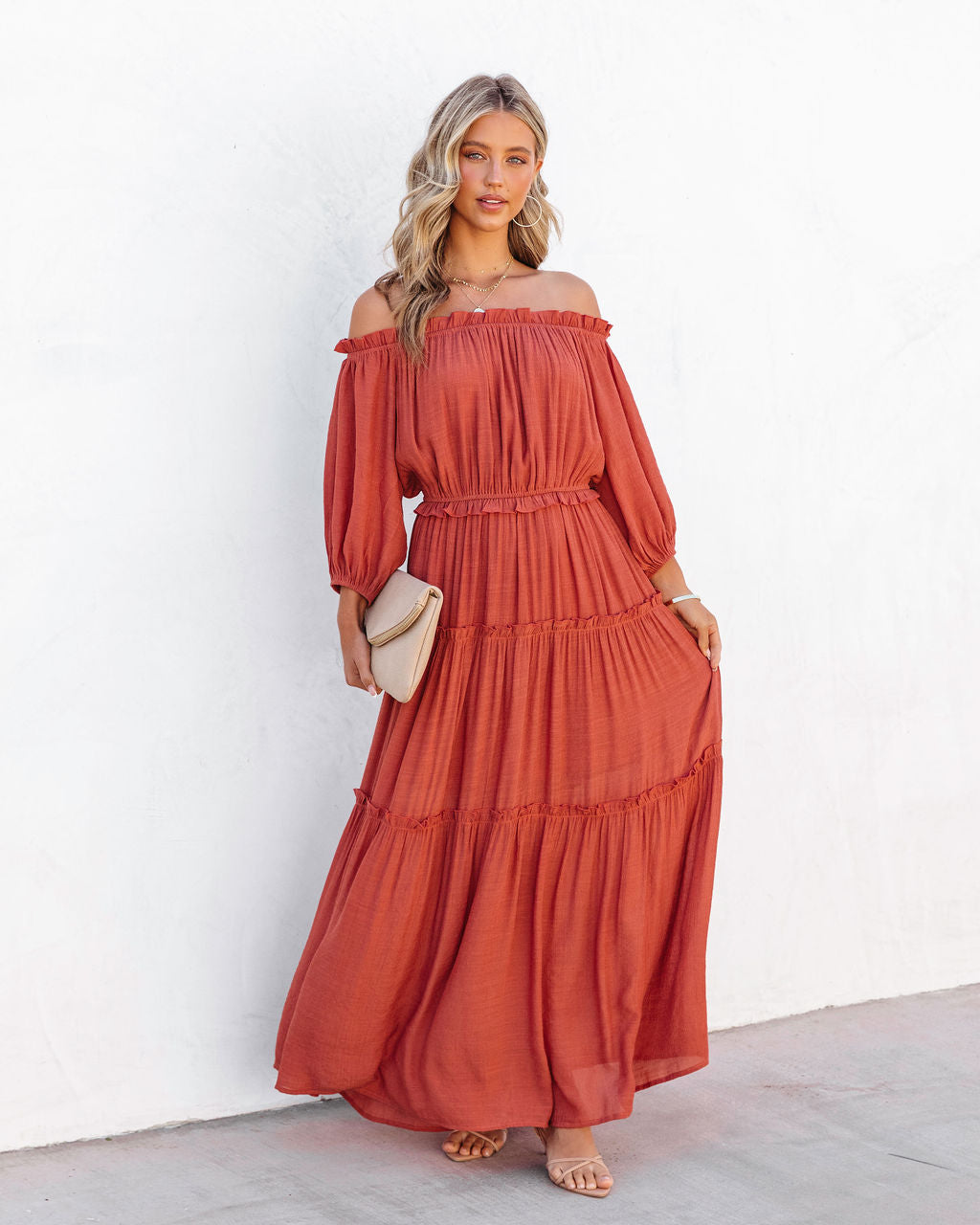 Caught In Your Embrace Off The Shoulder Maxi Dress - Terracotta - Se7enfashion