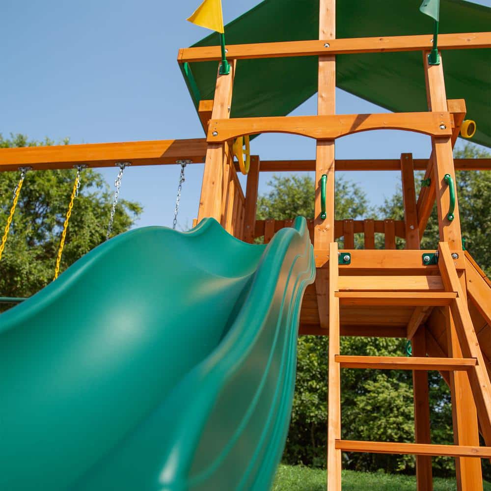 DIY Wooden Outdoor Playset With Tarp Roof, Rock Wall, Wave Slide, 3 Swings - Outing III - Image 9 DIY Wooden Outdoor Playset With Tarp Roof, Rock Wall, Wave Slide, 3 Swings - Outing III - Image 9