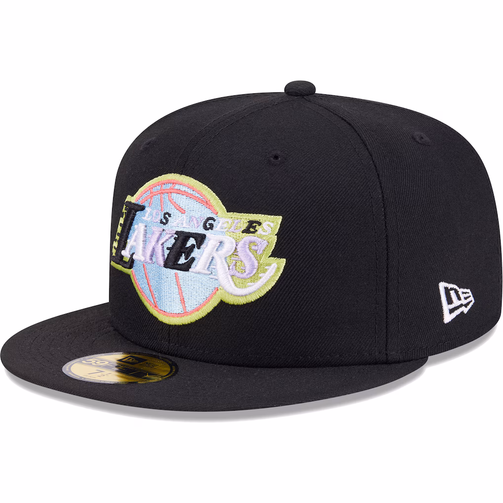 Left angle view of the black Los Angeles Lakers New Era fitted hat showing the classic white embroidered New Era flag on the side panel.