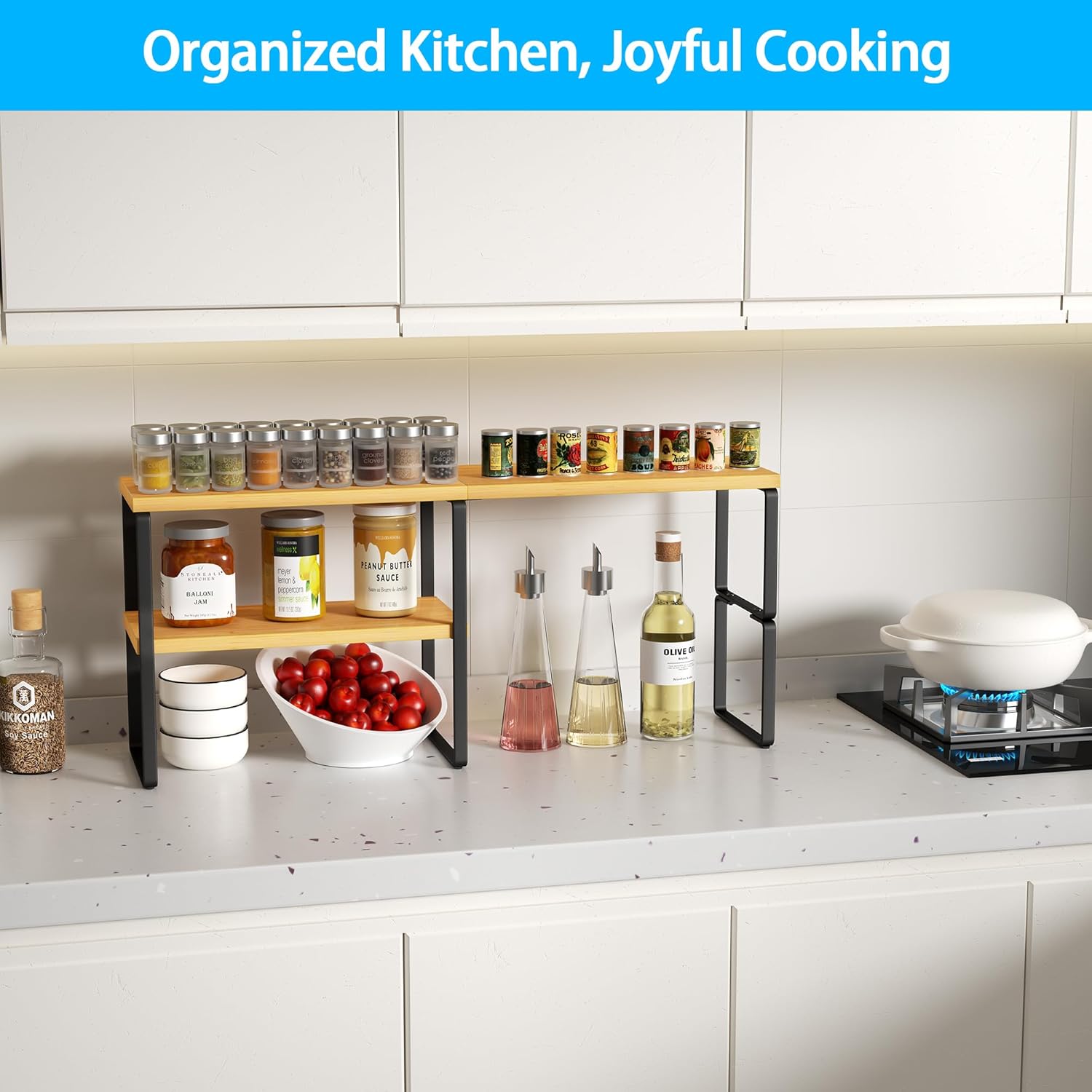 Golener Countertop Organizer Corner Shelf, 2-Tier Adjustable Stackable Corner Shelves for Kitchen, Spice Rack, Coffee Area, Over Sink, Bathroom, Dresser Table, Corner Counter Shelf Stand, Bamboo