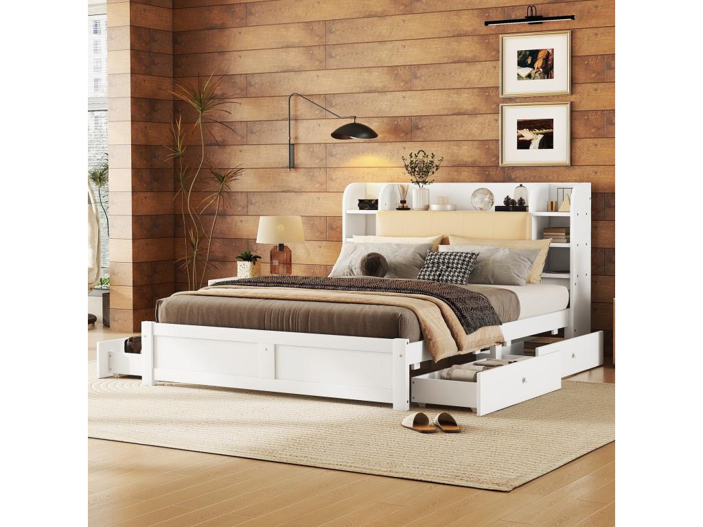 Cama doble de 160x200cm, con 4 cajones, somier y cabecero con varios espacios de almacenamiento, blanco