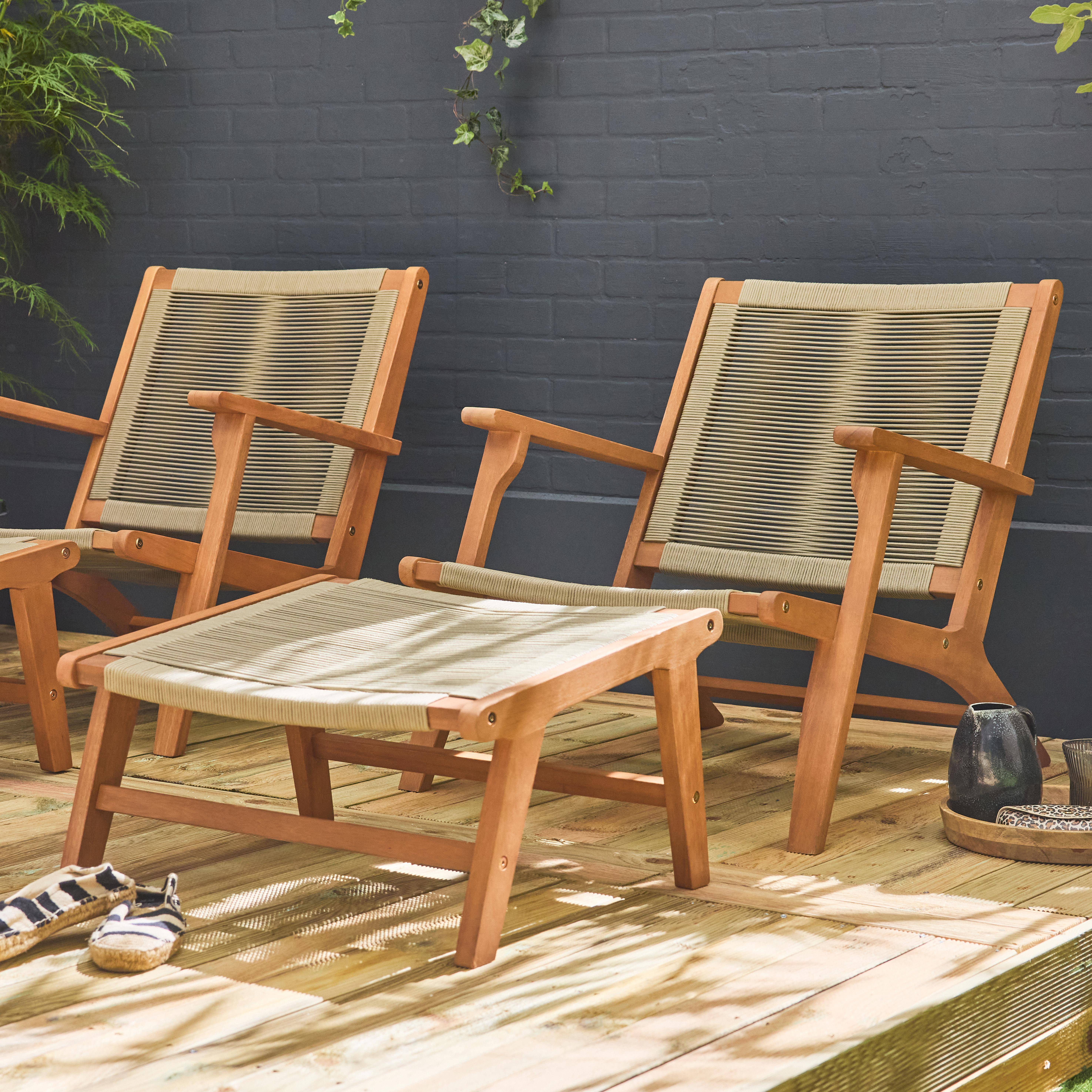 Cuzco x2 - Silla de jardín de madera y cuerda con reposapiés, set de 2