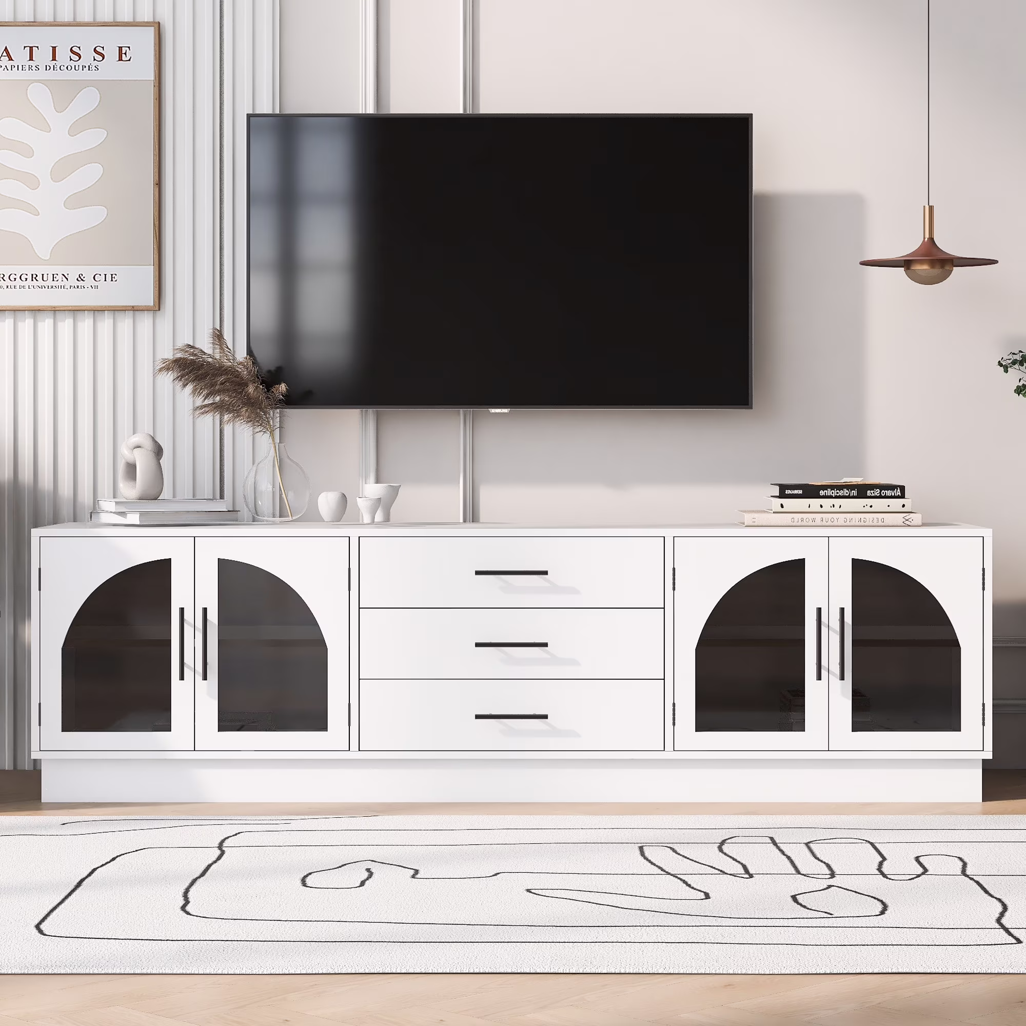 Euroco Modern TV Stand with Arched Glass Doors, Drawers & Adjustable Shelves for TVs up to 75 Inches
