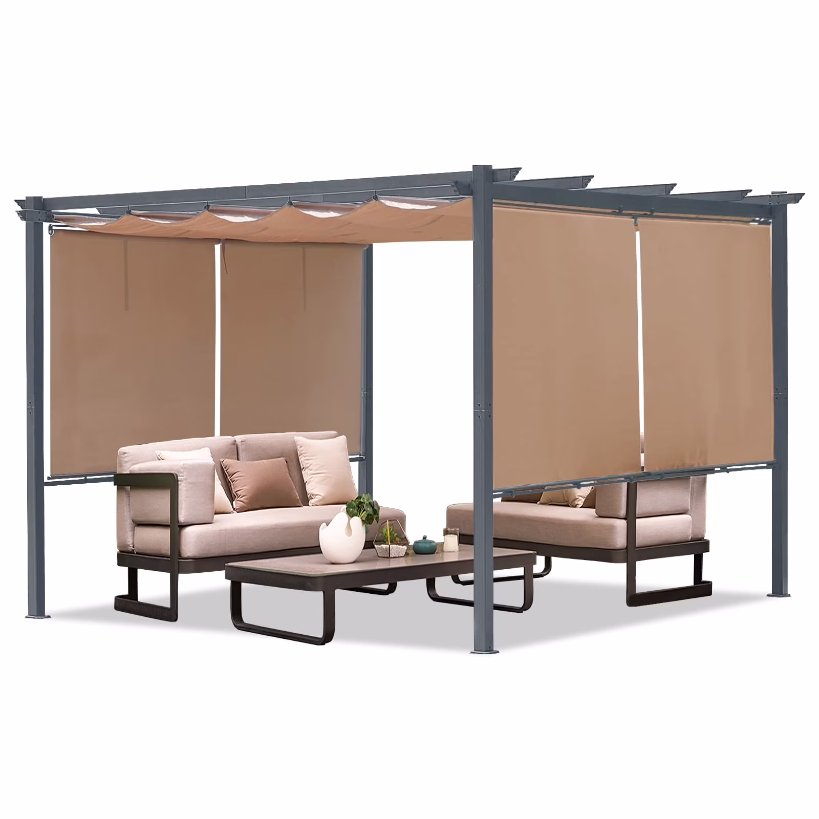 Aoodor 12 x 10 Ft Outdoor Pergola with Retractable Shade Canopy, Dark Gray Matte Aluminum Frame, 4 Pieces Roller Shade Curtain, Grape Trellis Pergola for Patio Backyard - Dark Brown(Gray)