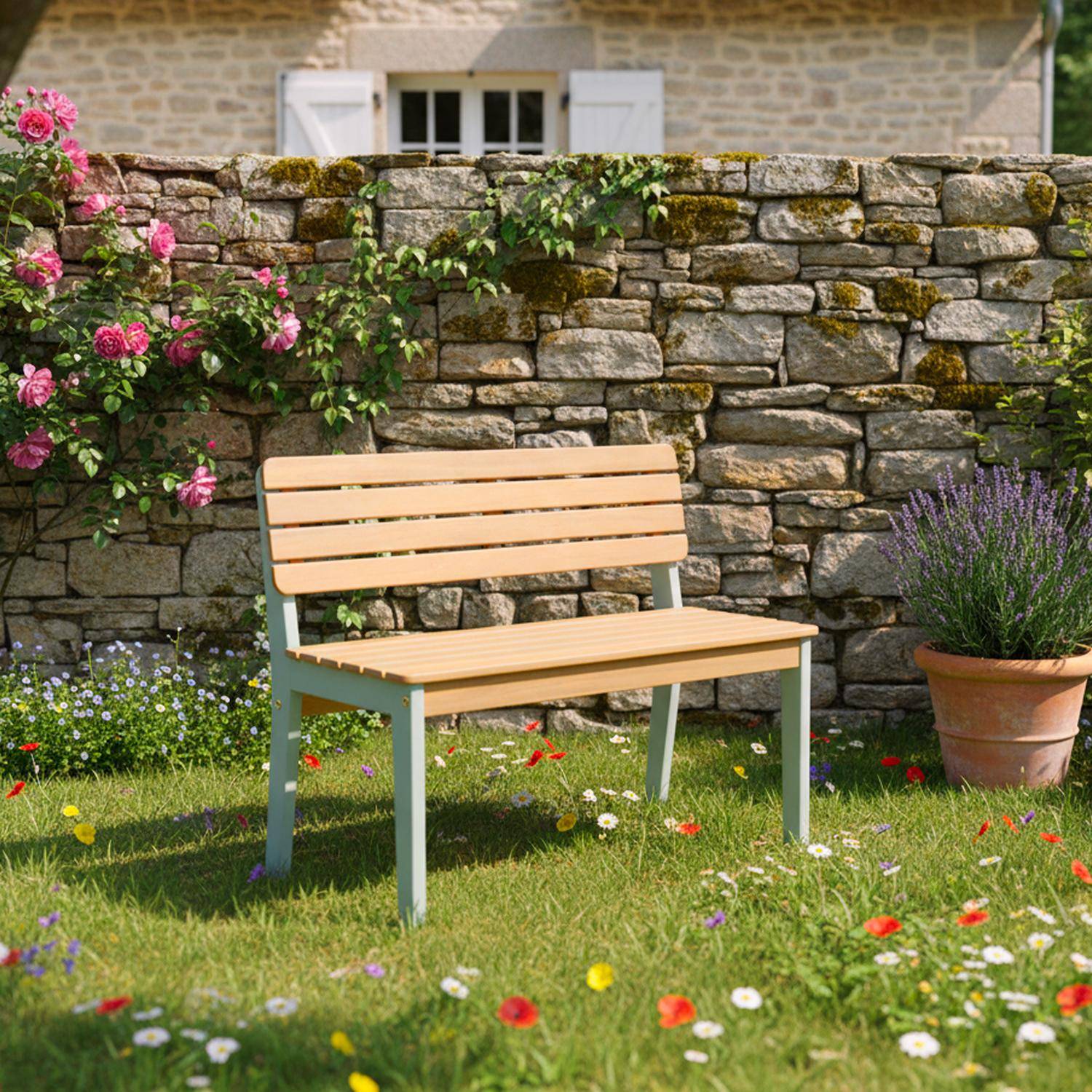 Caroline - Banco de jardín infantil de madera de acacia,  2 plazas