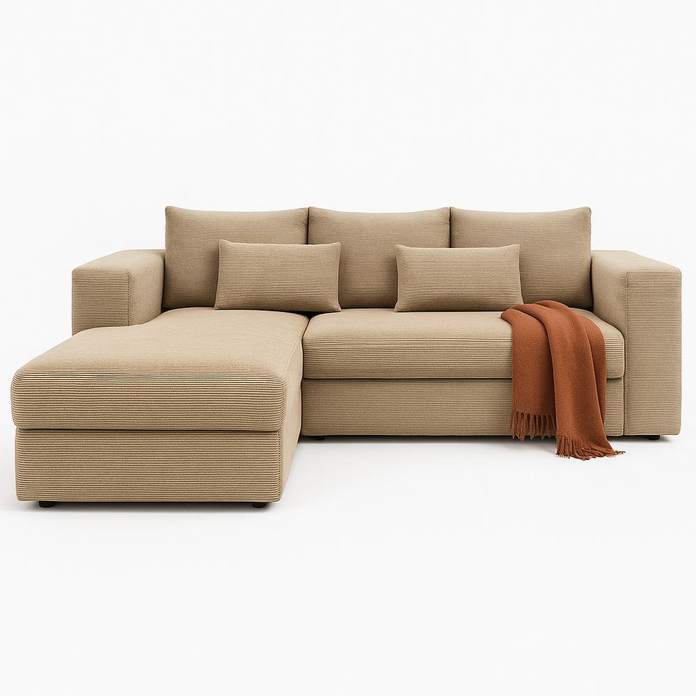 Sofá Seccional Moderno de Tela Beige con Almohadas Incluidas y Funda de Lino, Estilo Contemporáneo, Ideal para Sala de Estar