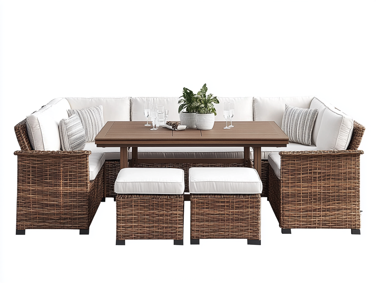 Sofá rinconera exterior ratán marrón con mesa comedor rectangular y cojines blancos gruesos