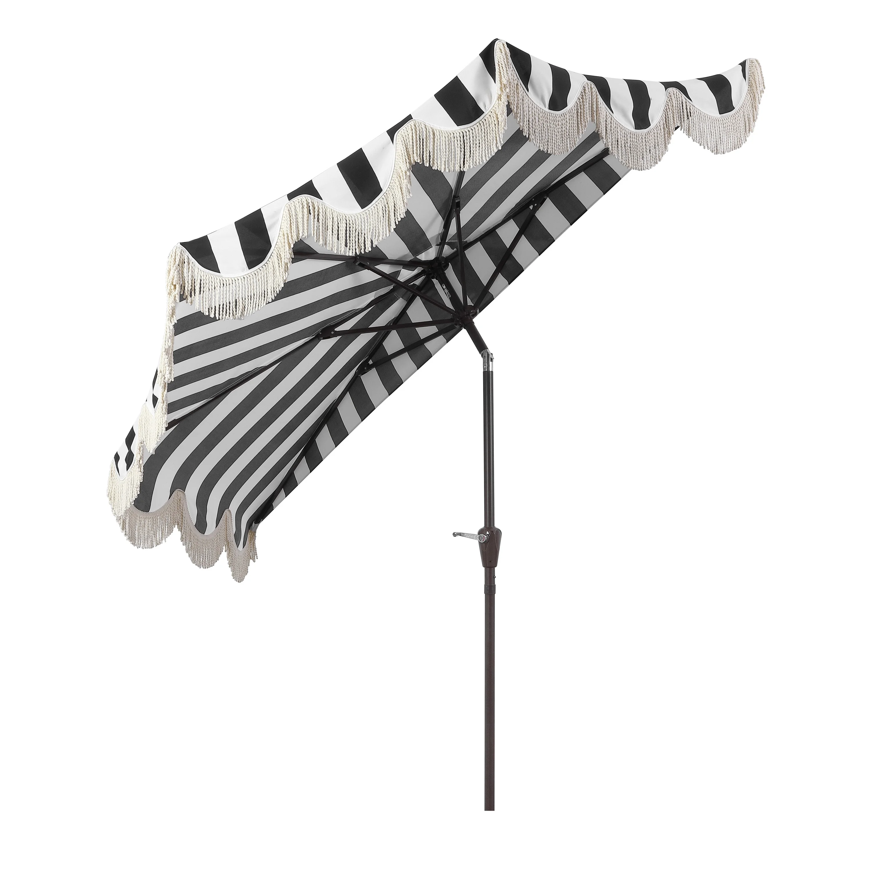 JONATHAN Y Beverly 9 ft. Half Market Patio Umbrella, Designer Classic Scalloped Fringe with Crank, Tilt Button and UV Protection, Blue/White/Cream, Dark Brown Pole - Image 37