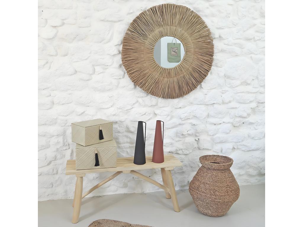 Espejo redondo de paja de mendong beige