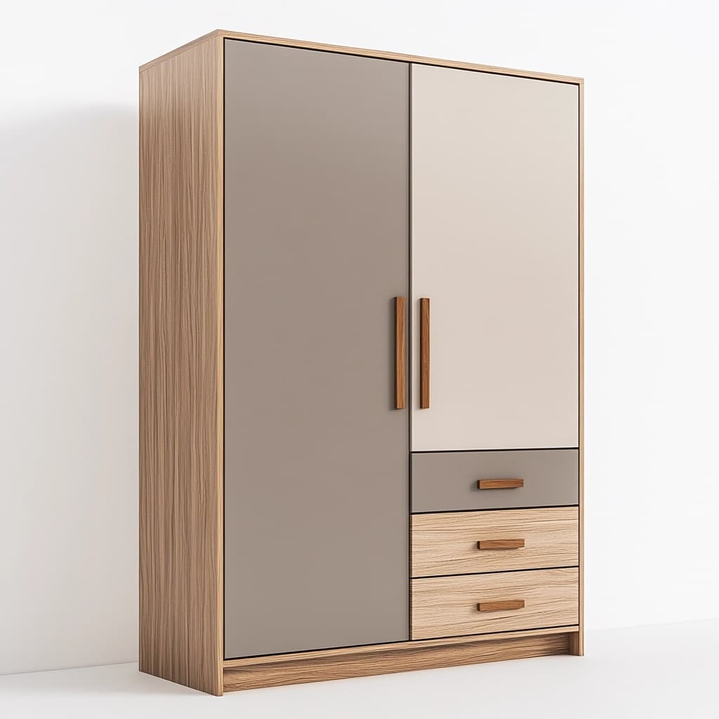 Armario de dormitorio moderno de madera y melamina con puertas y cajones en tonos beige y gris para ropa y almacenaje 120x50x180 cm