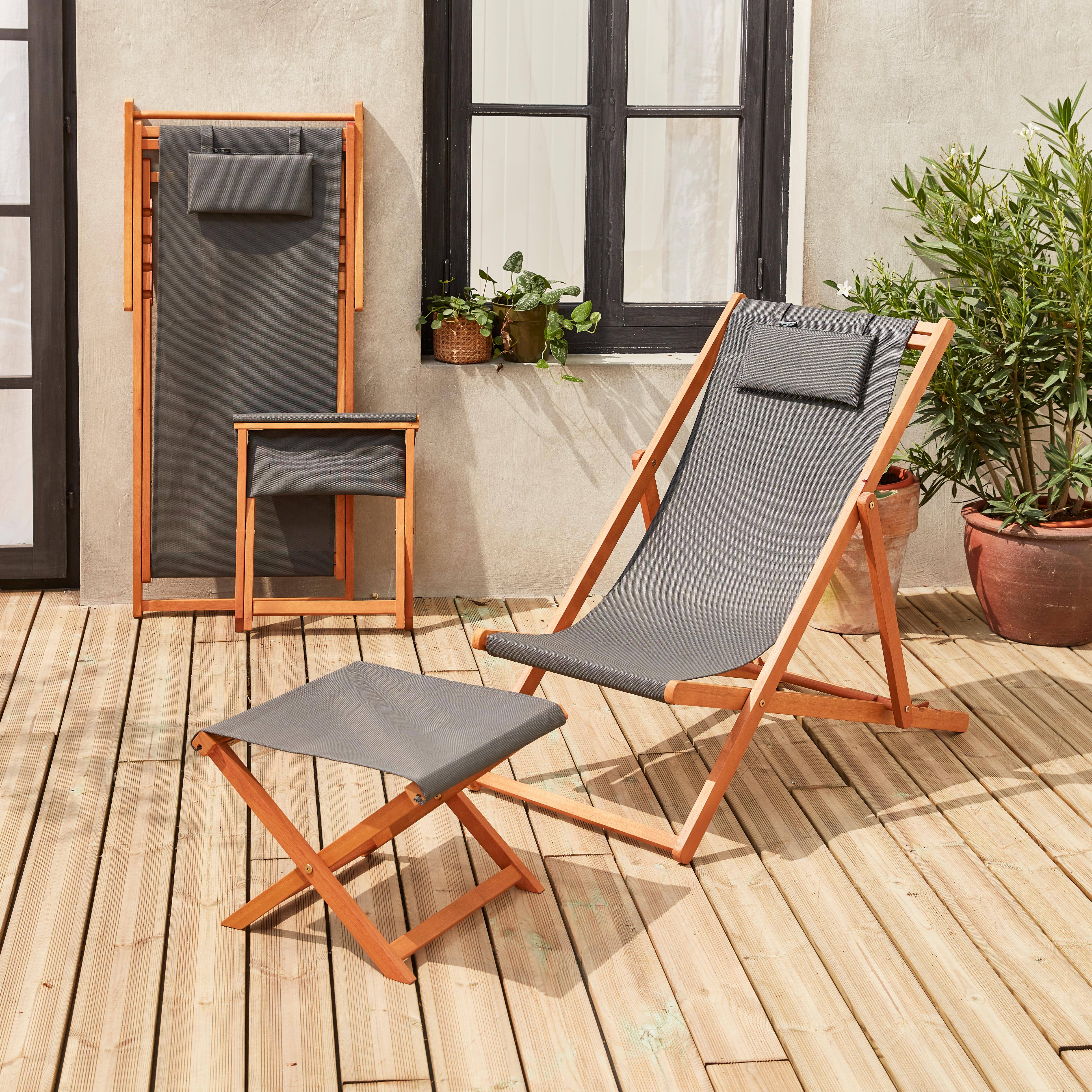 Creus + reposapiés - Tumbona y reposapiés de madera de eucalipto, set de 2