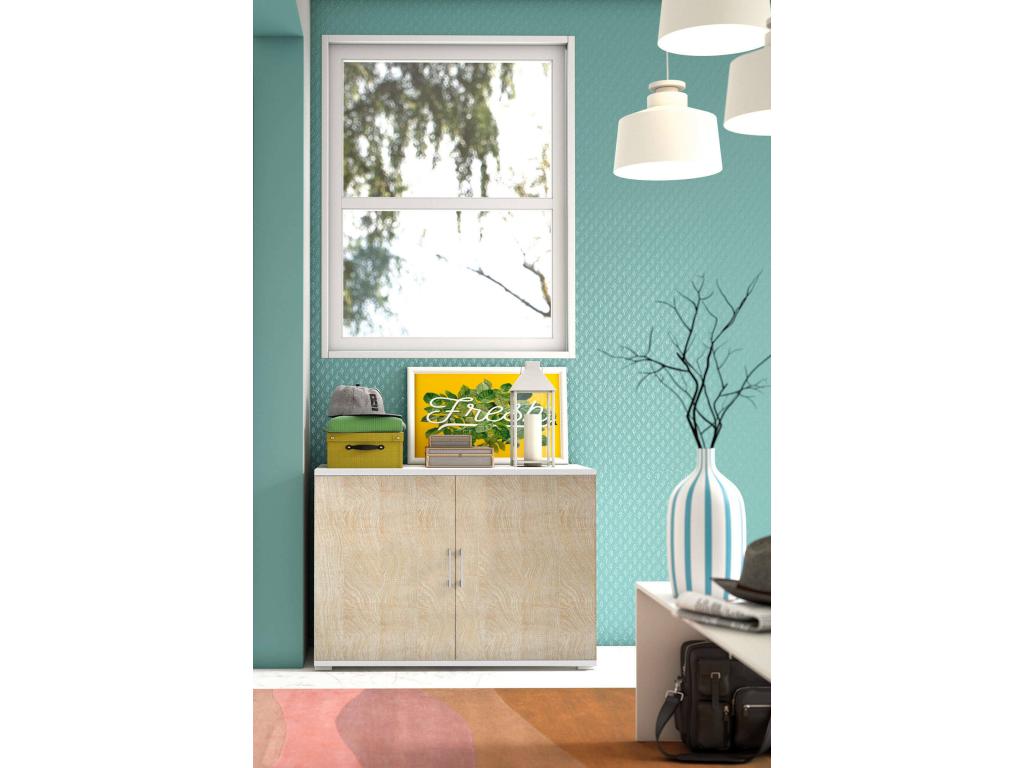 Armario multiusos Nestleare - Mueble lineal de 2 puertas batientes con estante - Mueble de entrada - Zapatero moderno - 100 por ciento Made in Italy - 90x45h66 cm - Roble y Blanco