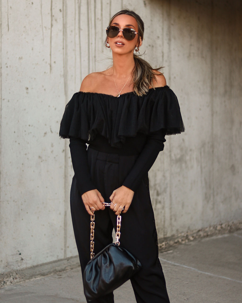 Picture Perfect Glam Ribbed Knit Ruffle Tulle Top - Black - Se7enfashion