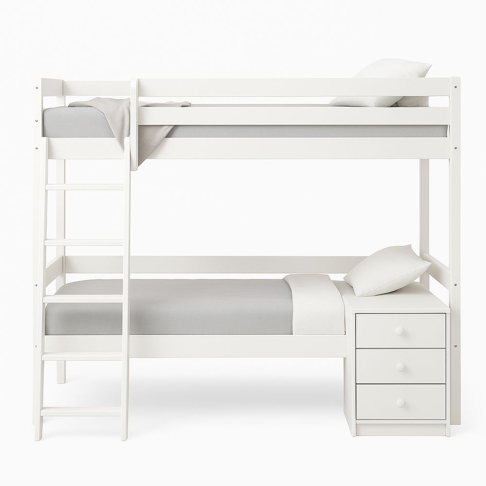 Cama literas de estilo moderno en color blanco, funcional y compacta, con cajones de almacenamiento