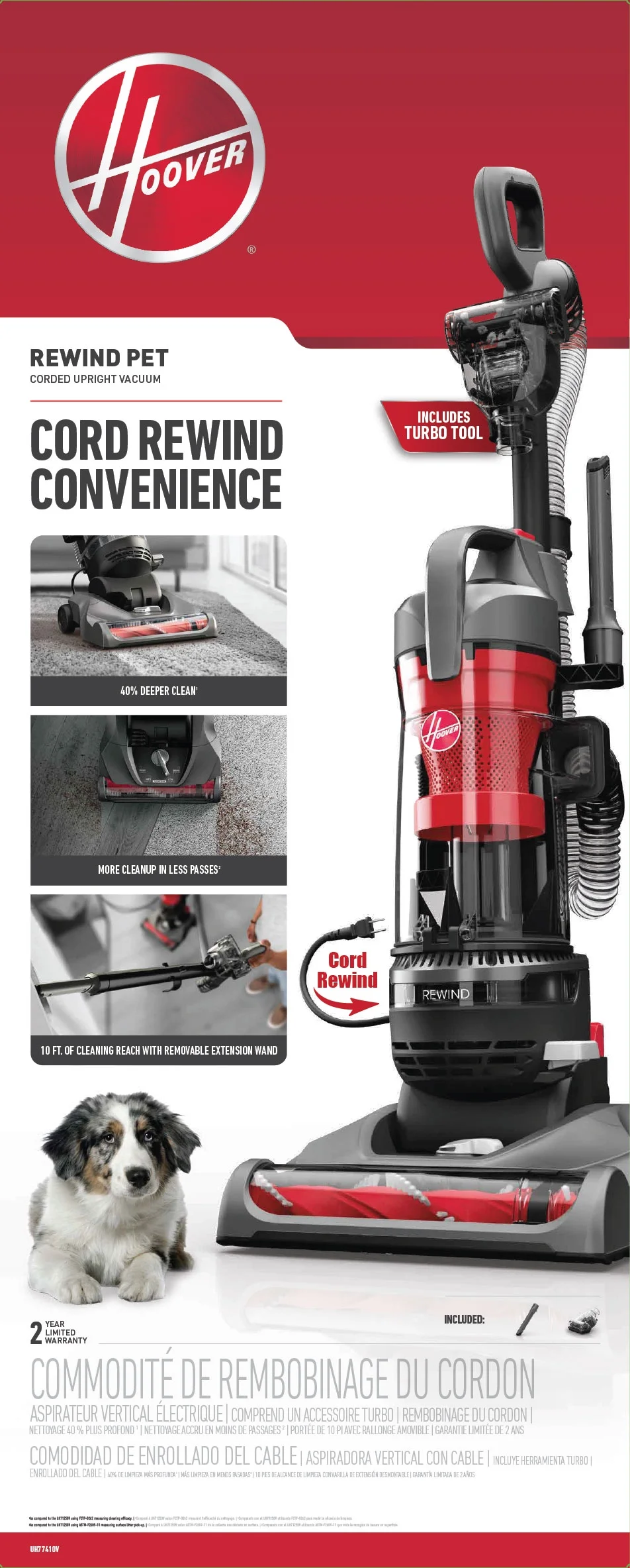 Hoover Rewind Pet Bagless Upright Vacuum Cleaner, Pet Friendly, Automatic Cord Rewind, Multi-Surface and Above Floor Cleaning, UH77410V, Gray & Red - Image 11