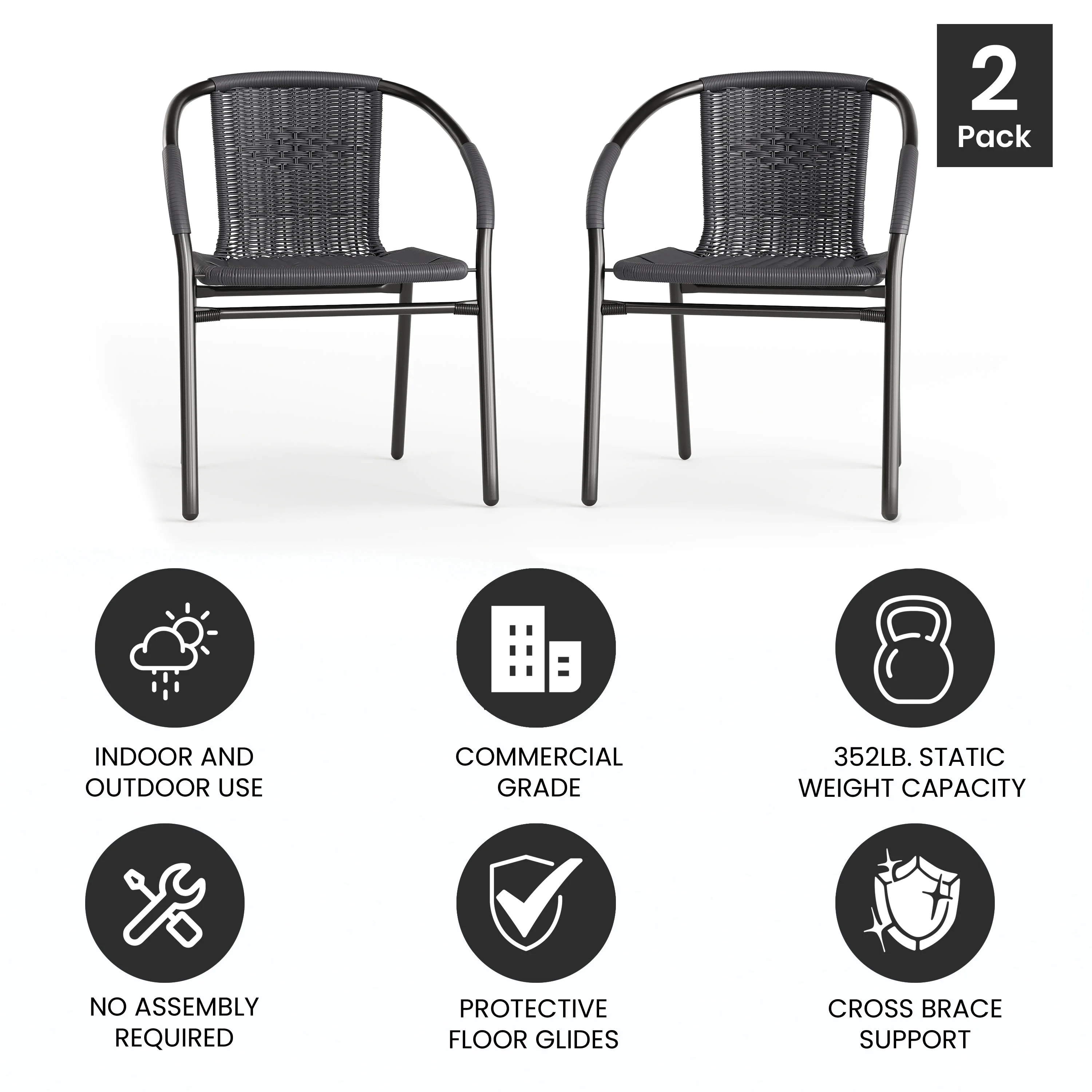 Emma + Oliver Indoor/Outdoor Stacking Rattan Restaurant Patio Chairs, Set of 2, Gray - Image 4